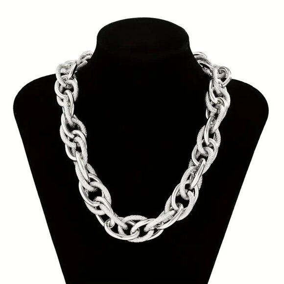 Chunky Choker Silver Necklace - Cuban Link Chain Double O Link Necklaces Hip-hop - Picture 2 of 8